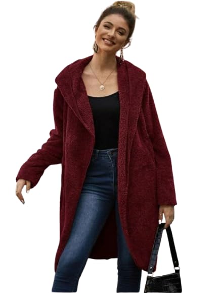 Solid Dual Pocket Open Front with Hood Teddy Coat