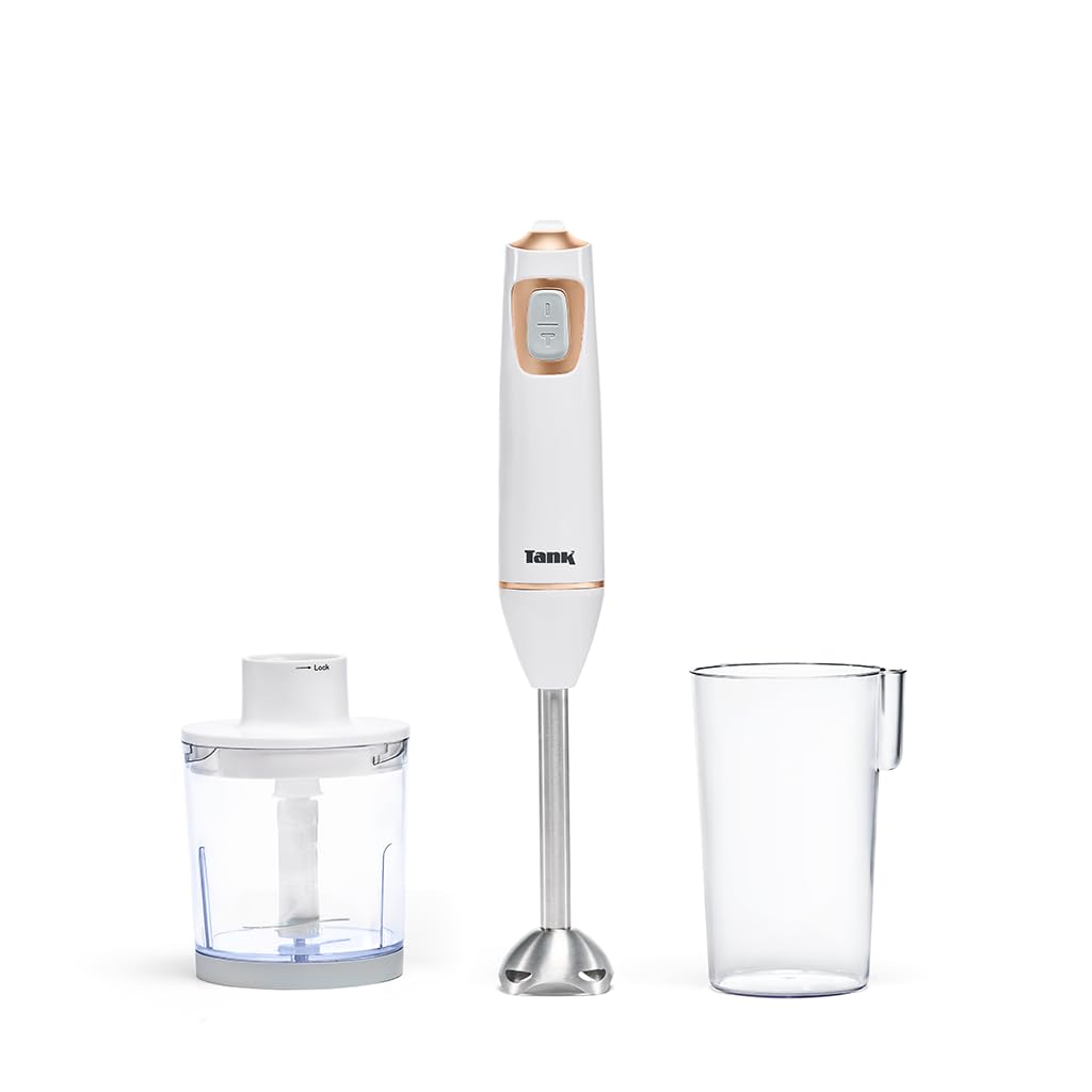 Tank Hand Blender with 600ml BPA Free Beaker & 500ml Chopper, 5 Speed Control + Turbo, 600 Watts, White/Rose Gold, CM-6003-1BCR, 2 Year Warranty