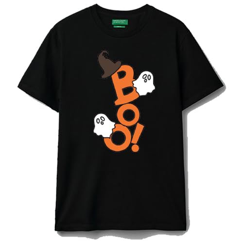 Halloween Ghost T-Shirt, Black Cotton with Orange and White Print, Spooky Graphic Design Size (XL)