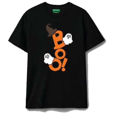Halloween Ghost T-Shirt, Black Cotton with Orange and White Print, Spooky Graphic Design Size (XL)