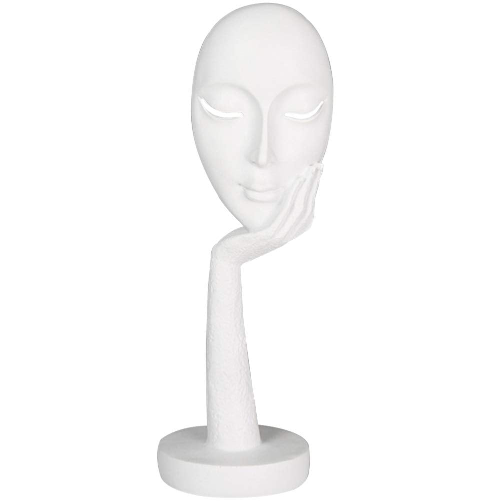 Abstract Characters Crafts Statue Women Face Sculpture Resin Handmade Carving Figurine Thinking Lady Statue Home Office Bedroom Living Room Decorations White L-4.7 * 14.7 Inches
