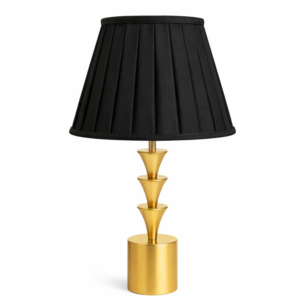 Modern Gold Table Lamp with Pleated Fabric Shade - Palm Tree Base - Luxury Bedside Nightstand Light for Bedroom & Living Room - 52 cm X 30 cm (Black)