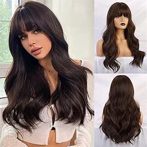 ECIF Long Wave Wigs with Bangs, Natural Curly Wavy Hair Brown Color Synthetic Wigs with Neat Bangs, Can Modify Heat Resistant Weave Wigs, Women Wigs for Daily Party Cosplay