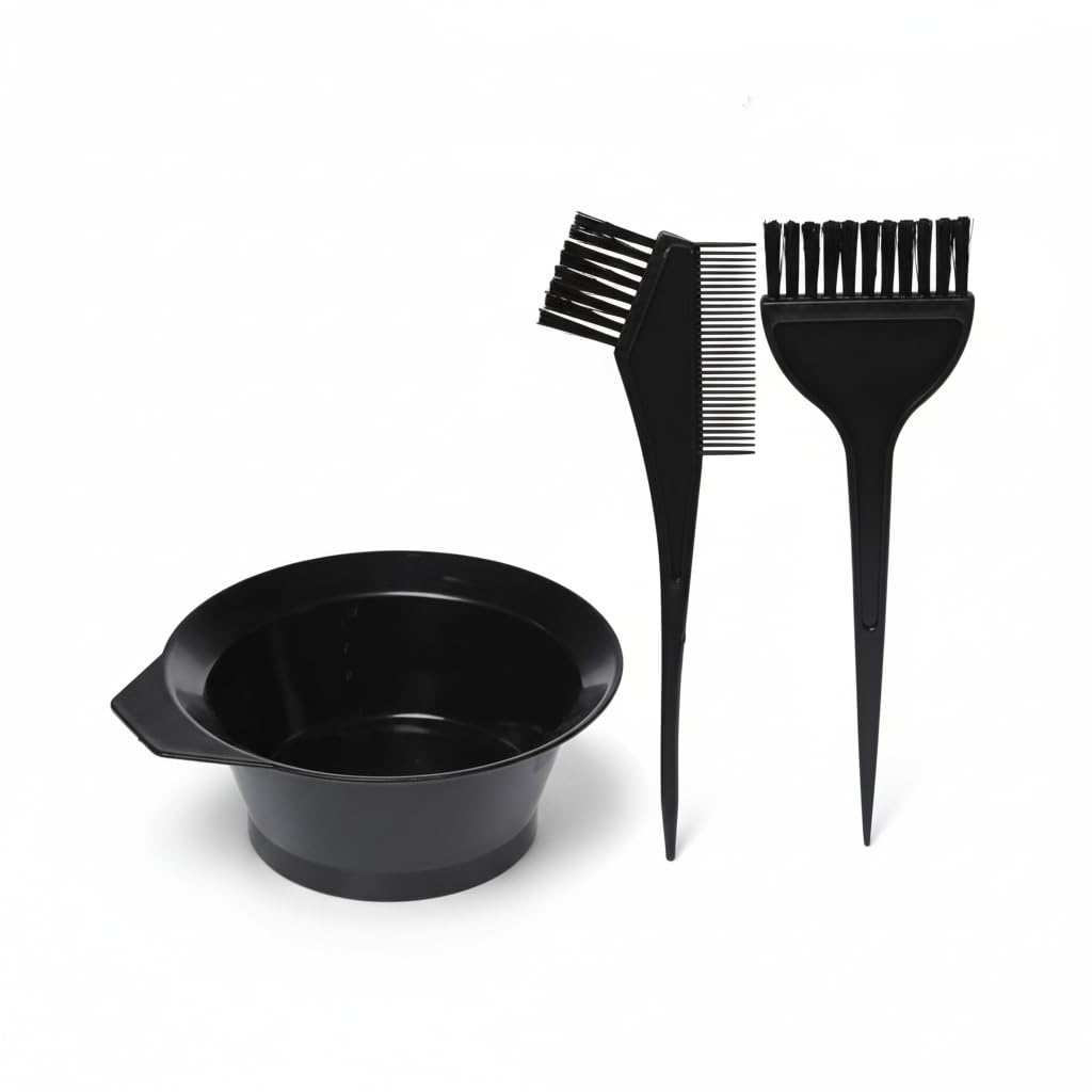 HAADI Hair Dye Set 3 Pcs Black Hair Colouring Tools Kit,Brush Double sided Coloring Comb and Bleach Mixing Bowl Hairdressing & Highlighting DIY Salon