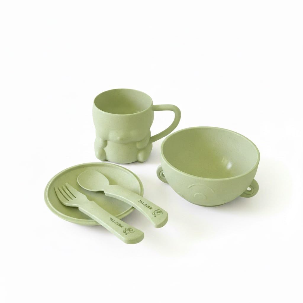 Modern 5-Piece Dinnerware Set - Includes 2 Plate, Spoon, Fork, and Cup - Perfect for Snacks, Breakfast, and Dinner - Durable and Easy to Clean Design (Green)