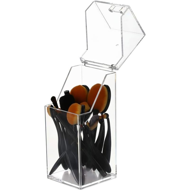 BEST MEDIA Transparent Acrylic Makeup Brush Holder with a Dustproof Lid, a 3-Compartment Cosmetic Organizer for Brushes and Eyebrow Pencils- Elegant - 1 Piece - Transparent
