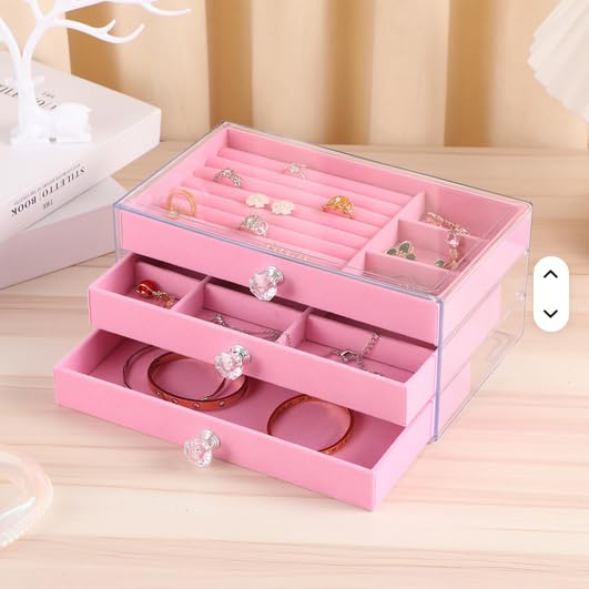 Clear Acrylic Jewelry Box Organizer with 3 Velvet-Lined Drawers, Storage for Earrings, Rings, Necklaces, Watches and Accessories