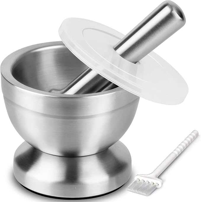 18/8 Stainless Steel Mortar and Pestle with Brush Spice Grinder Pill Crusher Herb Bowl Pesto Powder 350ml