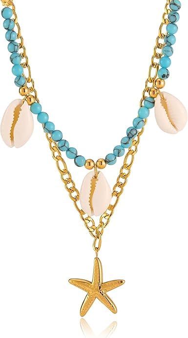 A multi-layered necklace with a distinctive golden starfish design, adorned with unique seashell pendants, perfect for summer looks, special occasions, and the beach.