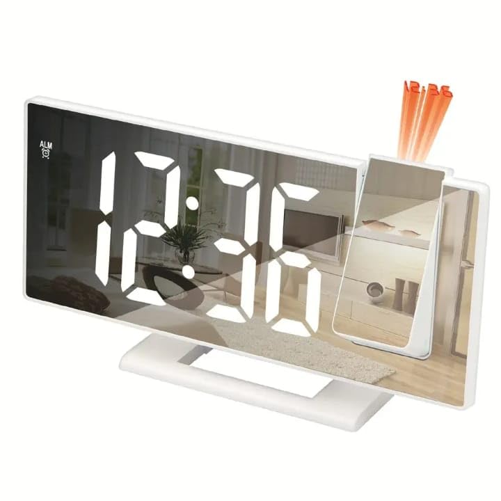 LED Mirror Clock Digital Alarm Projector Clock With Temperature Date Display Large Screen 3-Level Adjustable Brightness 180° Projection Snooze Function For Home Office Bedroom Decor (White)