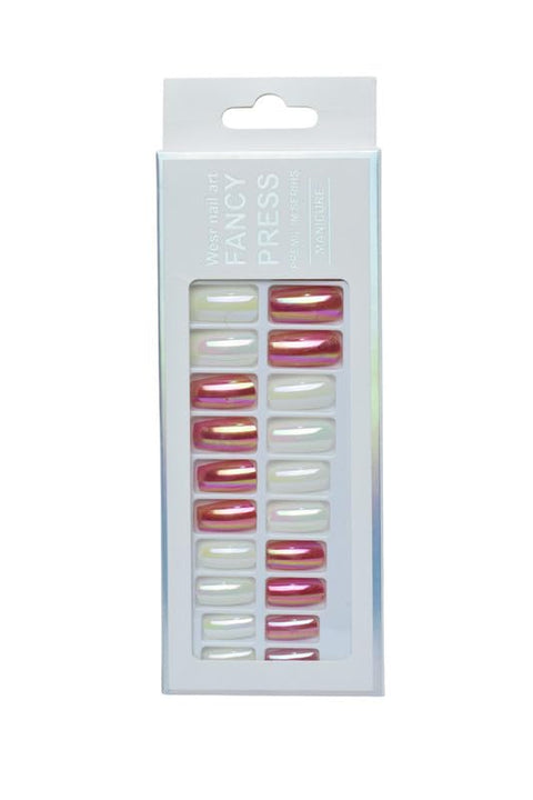 Plastic Press On Nails Set With Square & Shiny Style For Girl, 20 Pieces - White Red