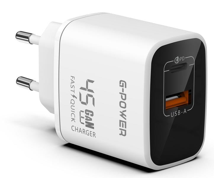 G-Power GP-C13 45W Dual USB Charger (USB-A and Usb-C) Qualcomm Quick Charge 3.0 Compatible with MacBook Pro, iPad, Galaxy, Pixel, iPhone and More - White Black
