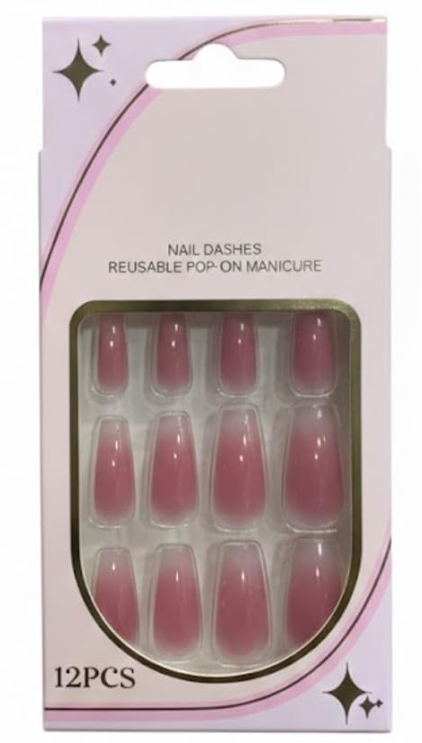12pcs Gel Press On Long Coffin Nail Shiny False Nails Full Cover Artificial Fake Nail Art Tips- Comes With 1 SHEET DOUBLE FACE (N1)