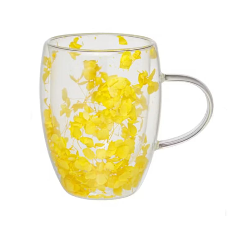 Generic Double Wall Glass Cup with Dried Flowers, Insulated Tea and Coffee Mug with Handle, Heat Resistant (Yellow Dried Flowers)