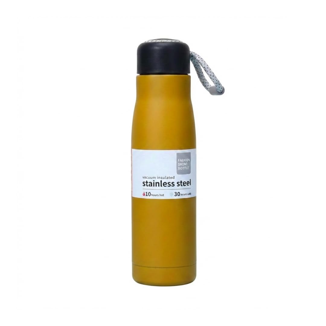 Vacuum Insulated Water Bottle & Flask with Portable Strap Lid - 500ml, Double Walled 304 Stainless Steel for Home, School, Office, University, Gym, and More, (Multicolor). (Matt Yellow)