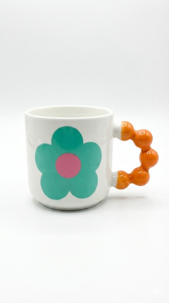 Next Store Big Flower Ceramic Mug with Bubble Handle, Unique Ball Handle Coffee Mug, Modern Shape, Natural Painting Tea Cup for Home (Green)