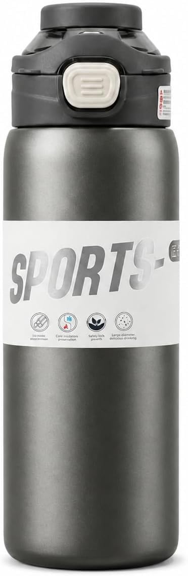 Sports Water Bottle 800ml Stainless Steel Vacuum Insulated Flask with Straw Lid and Carry Handle, Leak-Resistant Hot and Cold Drink Cup, BPA Free, Model 1546 (Grey)