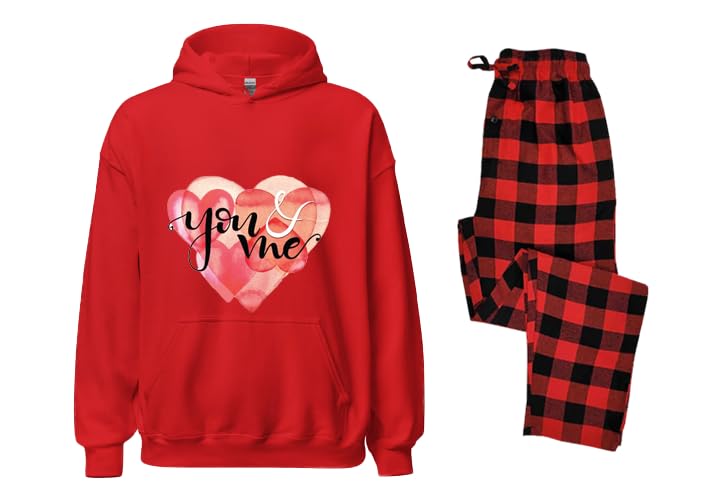 Pajama Set, Red Hoodie with You & Me Heart Print Plaid Pants Size (XL)
