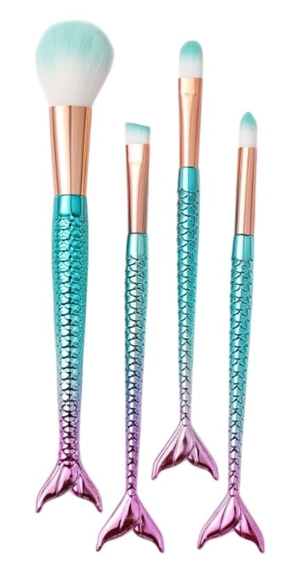 Makeup Brush Set, 4 Pieces, High-Quality Synthetic Mermaid Makeup Brushes for Concealer Fans, Cute Cosmetic Brush Collection (Colour: RANDOM)