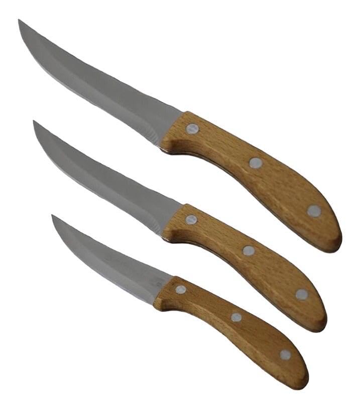DE LUJO D'Lugo Stainless Steel Kitchen Knife Set with Wooden Handle - 3 Piece (Small, Medium, Large) Blade Length 4", 5" and 6"