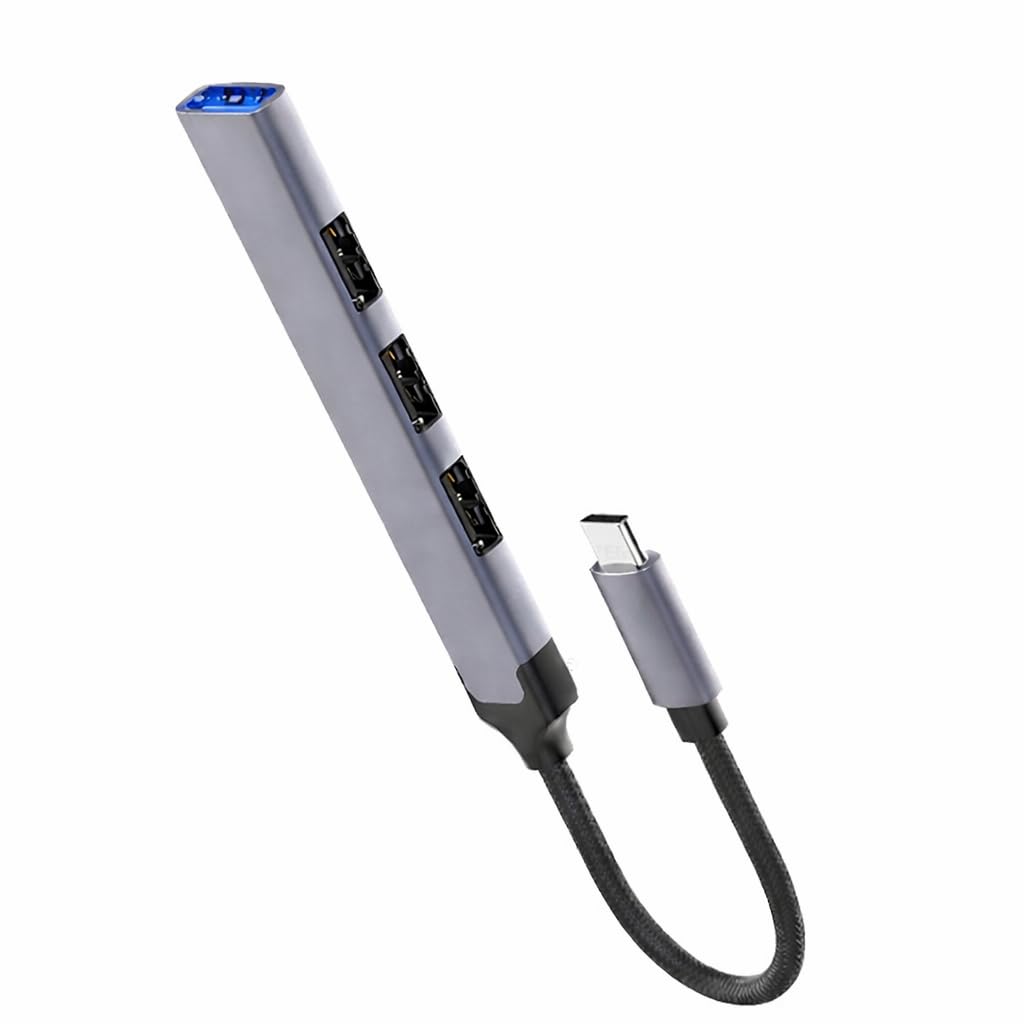 DS-44U, 4in1 Multiport USB Hub Adapter, Gray Aluminum, USB-C and 2.0 Compatible, 5Gbps Speed, 120mm Cable, Plug and Play