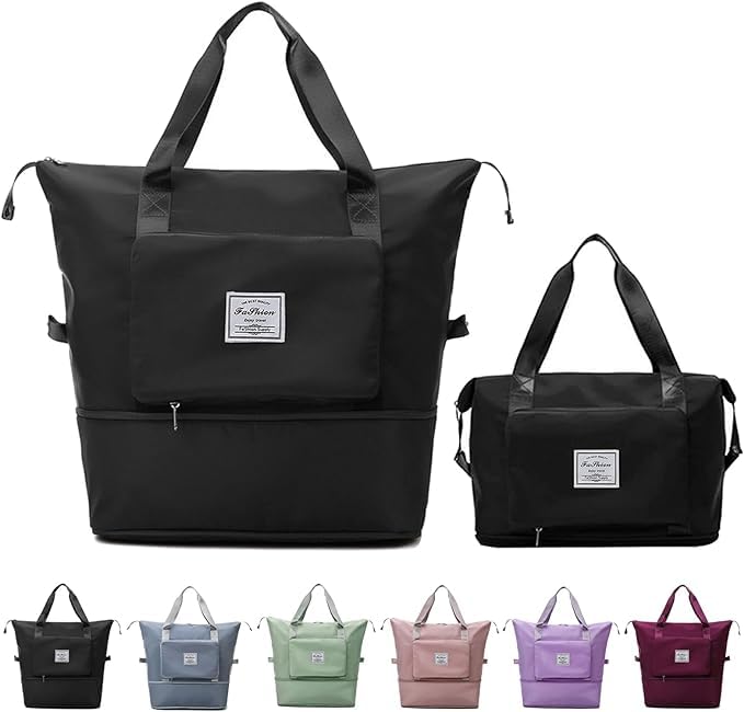 Foldable Travel Bag for Women, Large Capacity Waterproof Gym & Sports Bag with Handle, Perfect for Travel, Gym, and Sports Essentials, Durable and Compact (Black)