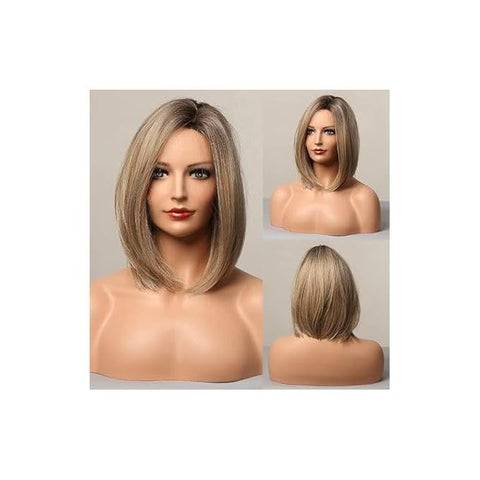 Short Bob Wig Synthetic Ash Blonde Wig Dark Roots Straight Hair