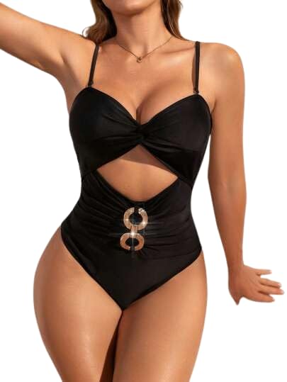 Women Swim Chicsea Solid Color Simple Casual One-Piece Swimsuit With Metal Ring Decoration Summer