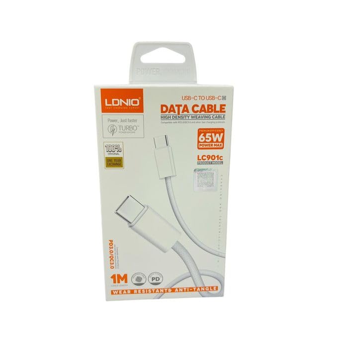 LDNIO LC901C USB-C to USB-C Cable 1M, 65W PD Fast Charging & Data Transfer, Durable Charger Cord for Smartphones, Tablets & Laptops – White