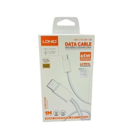 LDNIO LC901C USB-C to USB-C Cable 1M, 65W PD Fast Charging & Data Transfer, Durable Charger Cord for Smartphones, Tablets & Laptops – White