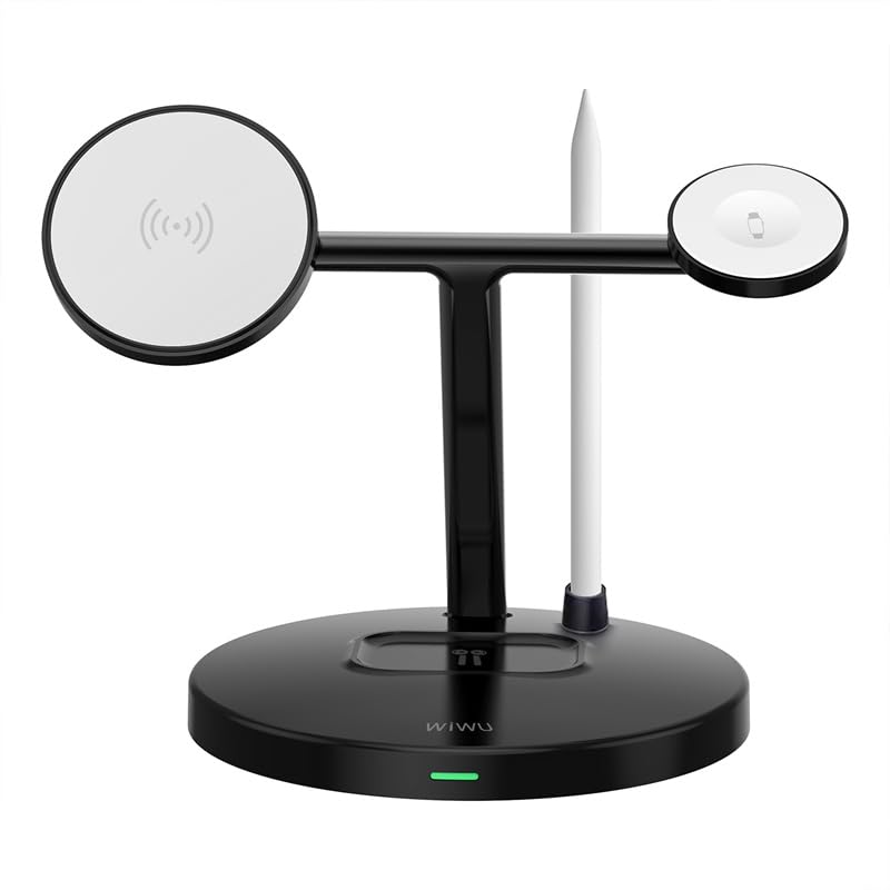 WiWU Wi-W032 4-in-1 Magnetic Wireless Charging Stand, 15W Fast Charging Station for iPhone, Apple Watch, AirPods & Smartphone, Multi-Device Desktop Organizer Hub – Black | 18 Months Warranty