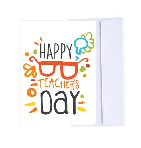 Happy Teachers Day Greeting Card with Envelope, Colorful Design with Glasses and Flowers