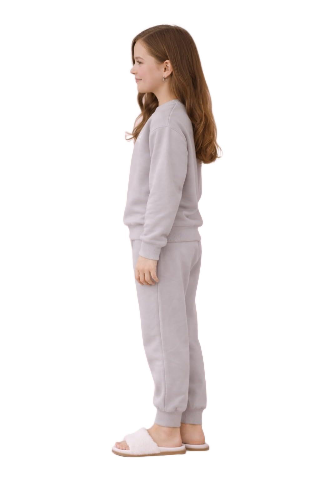 Lavandula Girls Winter Cotton Pyjamas, Lotus Logo, Pink and Grey, Sweatshirt and Jogger Pants