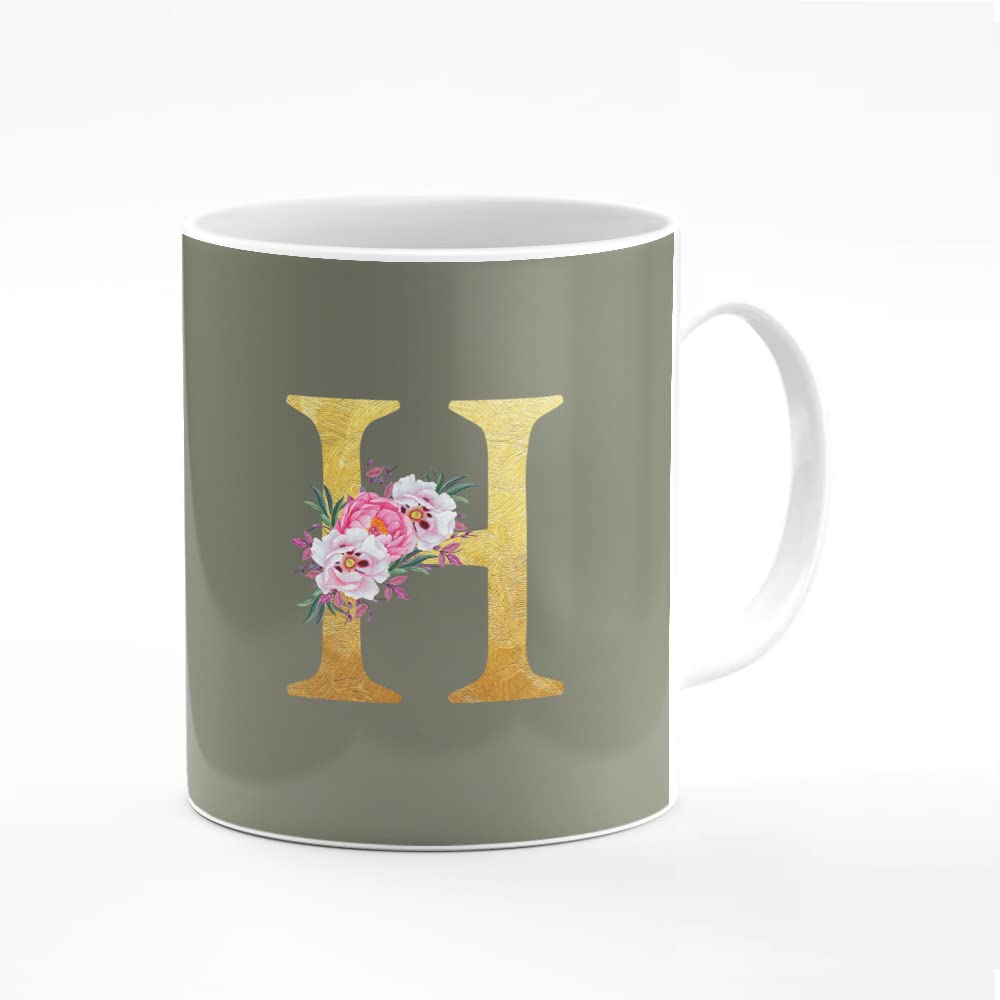 Stylizedd Designer Printed Coffee Mug 11oz Ceramic Personalised Gift Mugs Cup -Custom Monogram Initial Letter Floral Pattern Alphabet - H (Olive Green)