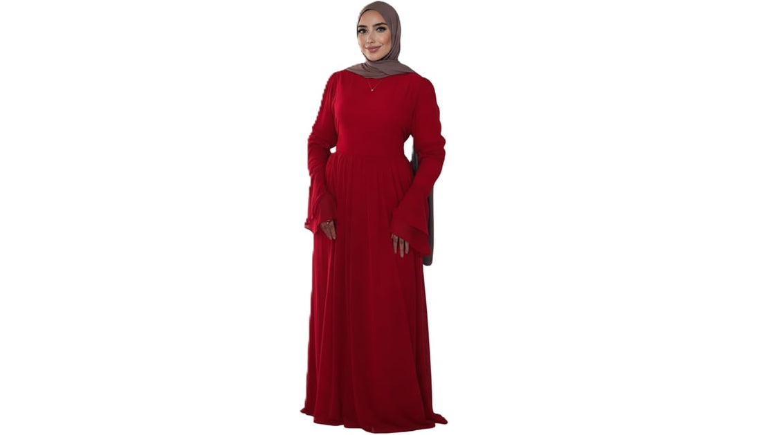 Elegant Long Sleeve Maxi Dress, Pink Pleated Design with Bell Sleeves, Modest Fashion