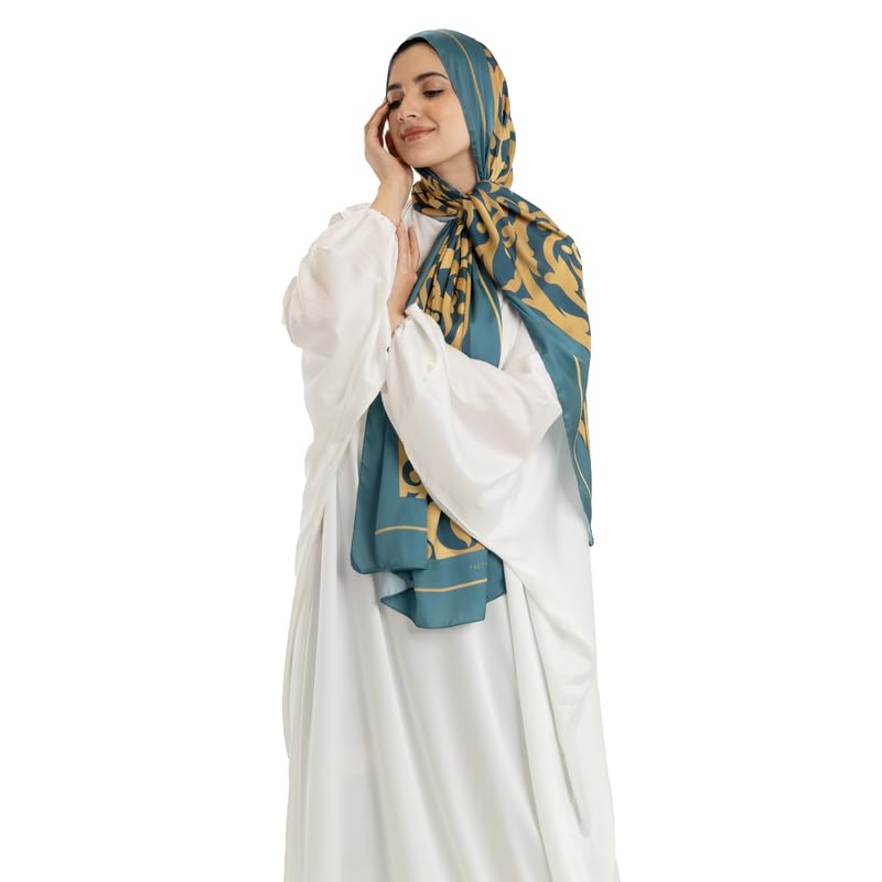 ART MOOD HOME Prayer Wear Satin - Isdal Al-Hedaya Teal & Gold - White Isdal Only One Size