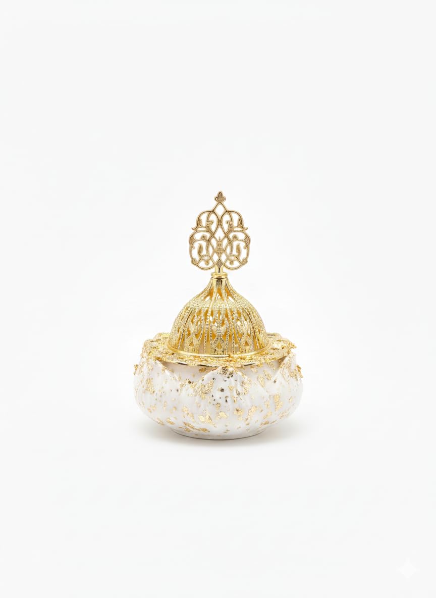 Luxury Natural Marble Incense Burner with Plate and Gold Lid – Elegant Decor – Handmade Incense Burner for Home & Gift (Golden White)