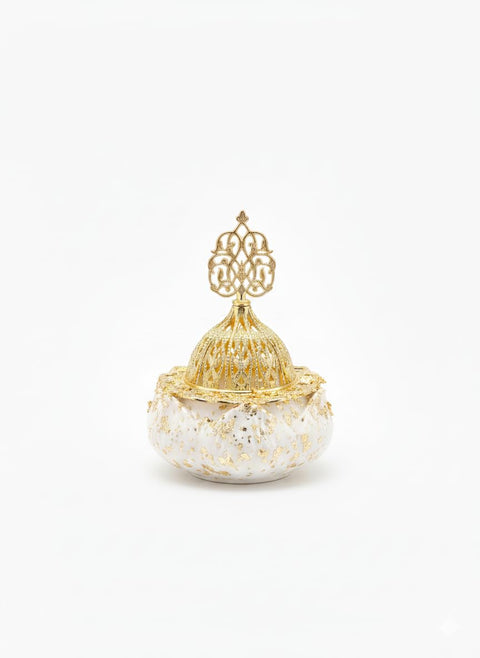 Luxury Natural Marble Incense Burner with Plate and Gold Lid – Elegant Decor – Handmade Incense Burner for Home & Gift (Golden White)