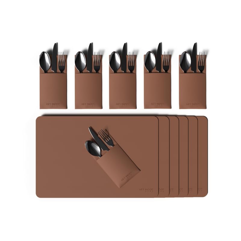 ART MOOD HOME Leather Placemats and Cover Holder - Set of 6 Placemats, 6 Cover Holders Durable for Dinner Plate, Dining Table Havan 45W x 30L and 10W x 17L CM