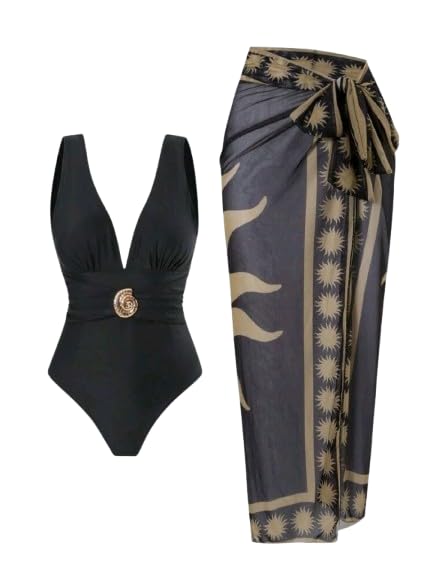 SHEIN-2pcs/Set Solid Black One-Piece Swimsuit & Mesh Placement Print Maxi Dress