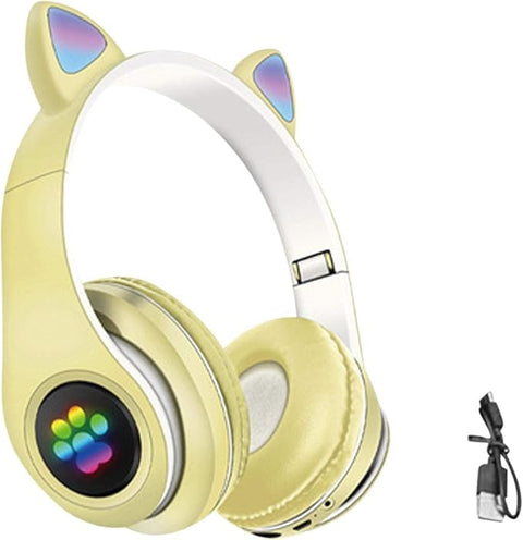 Kids Headphones Wireless Gaming Headset Cat Ear Bluetooth Foldable LED Light Up Over Ear Volume Control FM Radio T Card Microphone for Adults Beige
