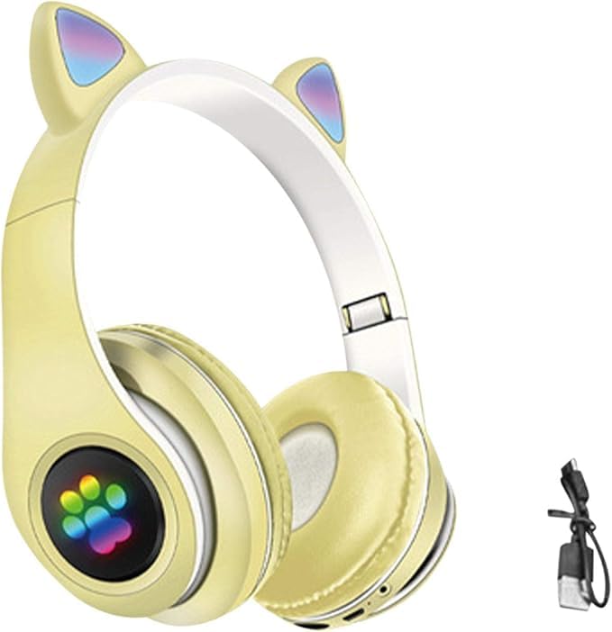 Kids Headphones Wireless Gaming Headset Cat Ear Bluetooth Foldable LED Light Up Over Ear Volume Control FM Radio T Card Microphone for Adults Beige