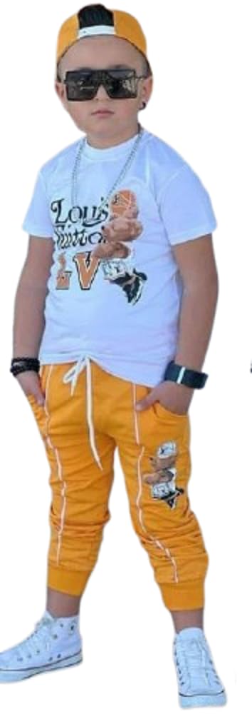Mizah Boys Casual Wear Set - White Cotton T-Shirt & Yellow Sweatpants With Side Pockets Fashion Design
