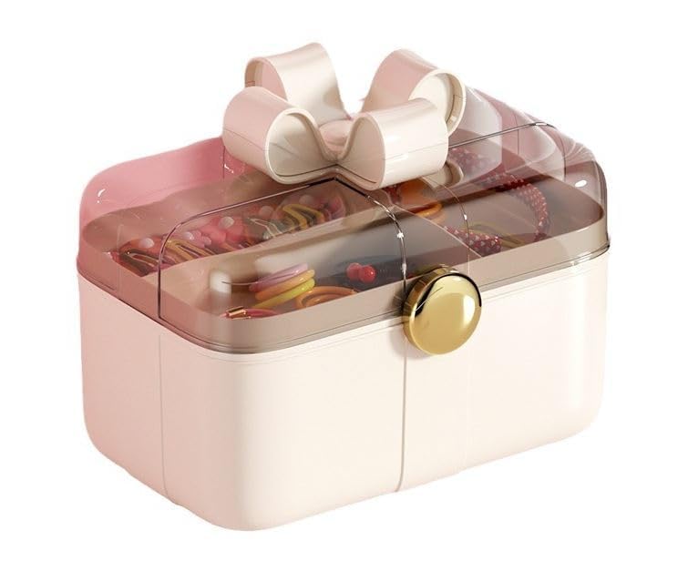 Next Store "Bow" Jewelry Accessories Organizer Box, Multi-Layer Storage Box with Clear Lid, Cosmetic Makeup and Hair Tools Case (Off White)