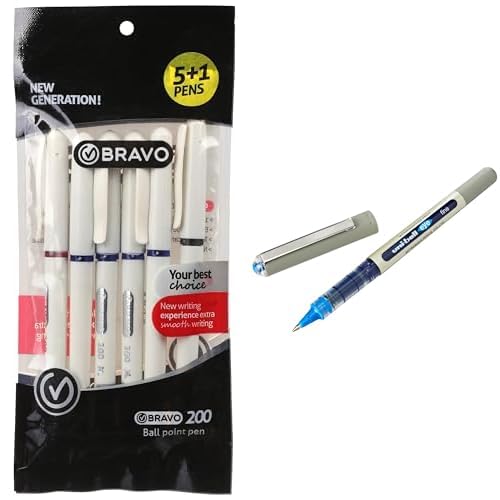 Bravo Stationery Bundle: 200 Ballpoint Pen 6-Pack + Uni-ball Eye Ink Roller Blue