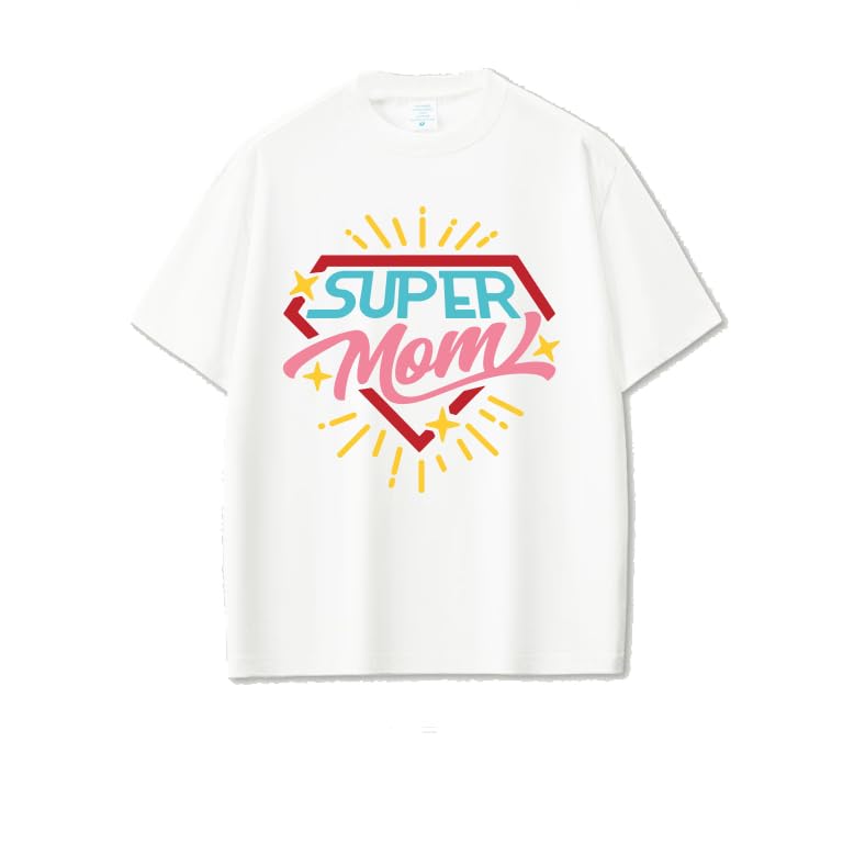 cotton White T-Shirt, Short Sleeves, Super mom Desigen, Cotton, Size (L)