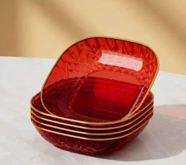 Generic Decorative Glass Snack Plates with Gold Trim, Square Shape,(Red), Set of 6 .A2