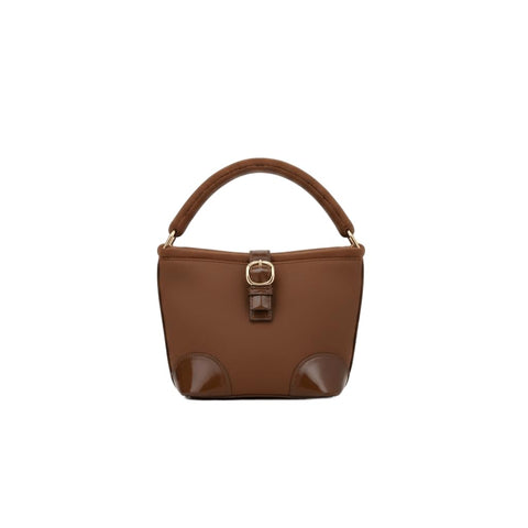 Elegant women's handbag in brown, featuring a trendy small bucket design and a distinctive gold clasp, made from high-quality leather. 20x17