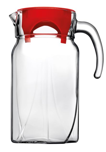 Glass Pitcher with Red Lid, Square Style, Clear Jug for Water and Beverages 1.75L