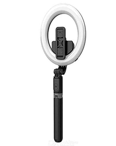 Wireless Bluetooth Flodable Selfie Stick With LED Ring Light and Mini Tripods - Black